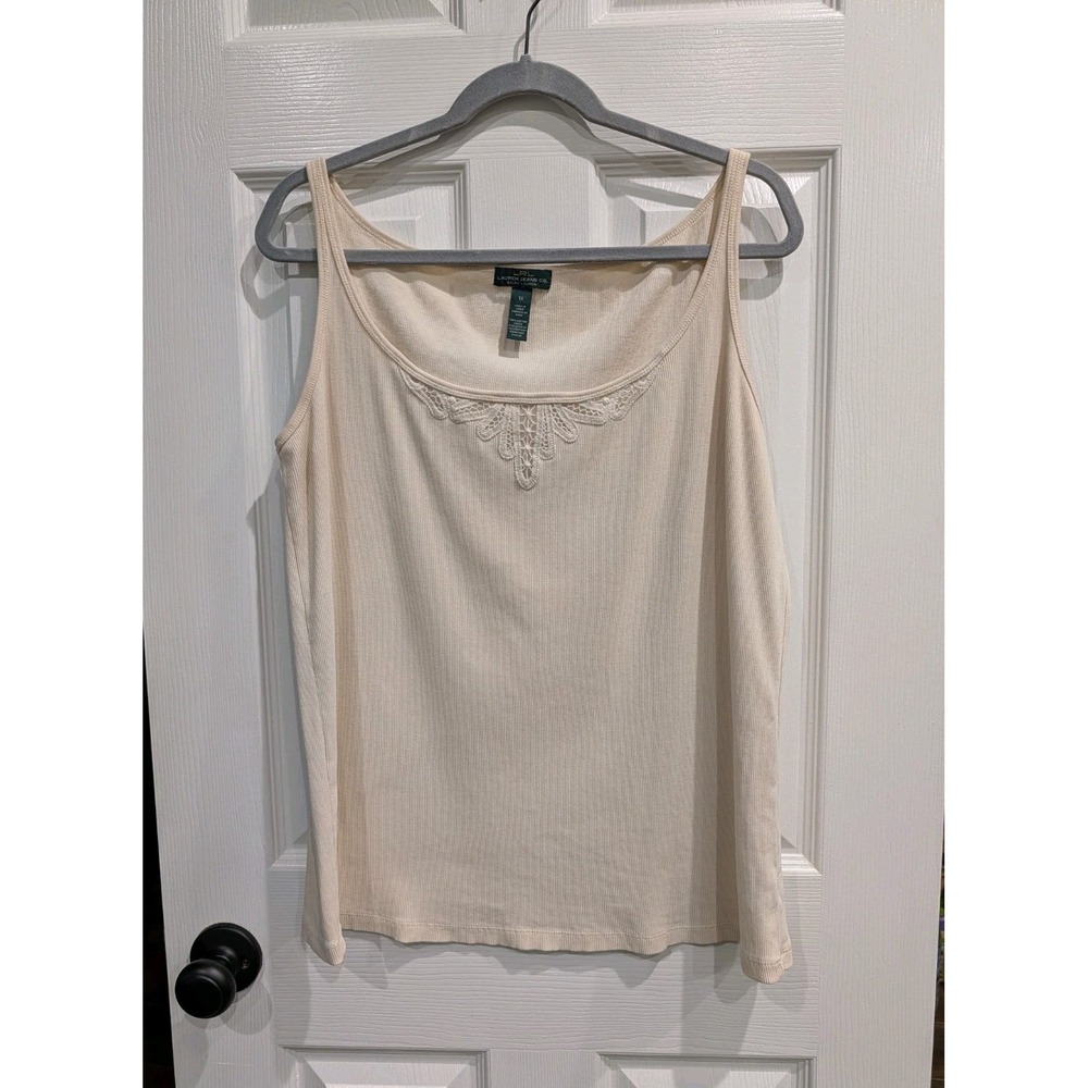 LRL Lauren Jeans Co Ribbed Tank 1X Crochet Lace Applique Closet Staple Cream